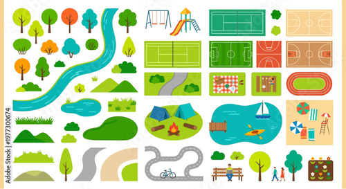 Colorful aerial view of various outdoor recreational areas and landscapes