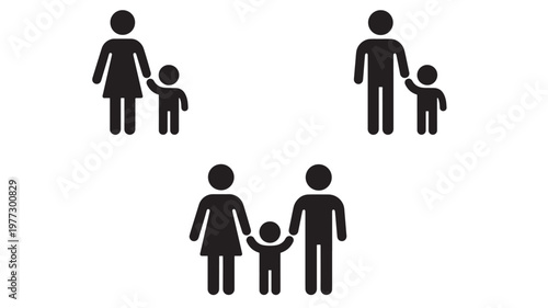 People icons showing single parent with child and a family with two parents and a child. featuring icon, symbol, stick figure with silhouette and