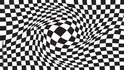 Checkerboard pattern distorted with a swirling vortex effect creating a dizzying optical illusion in black and white.