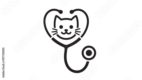 Stethoscope icon shaped like a cat's head with whiskers and a smiling face, symbolizing veterinary care and animal health services.