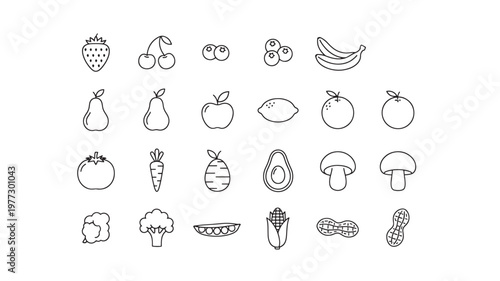 Food icons set with strawberry, banana, apple, orange, tomato, carrot, broccoli, peas, and peanuts featuring cherry, blueberry, pear with lemon and