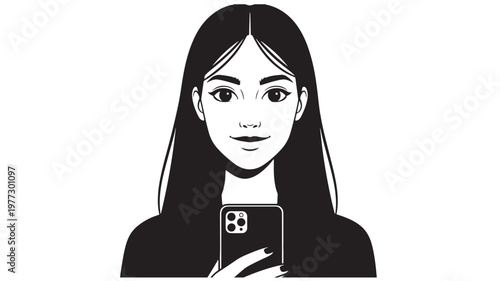 Woman holding a smartphone to take a selfie with her long dark hair and expressive eyes captured in a black and white minimalist illustration style.