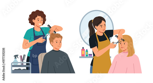 Hair salon scene with barbers cutting hair for different clients