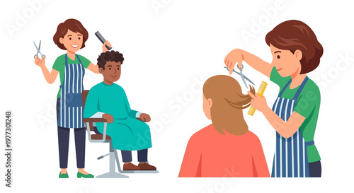 Haircuts and hairstyling a barber and clients in action