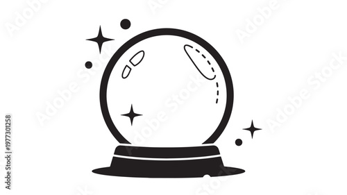 Crystal ball with stars and dots, symbolizing fortune telling and magic, rendered in simple black outline style.