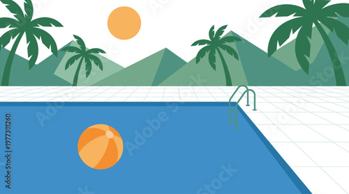 A serene tropical swimming pool scene.