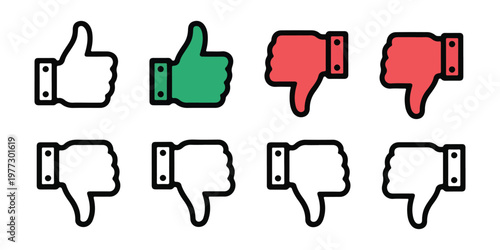 Thumbs up and thumbs down icons for rating approval disapproval and opinions showing positive and negative feedback examples.