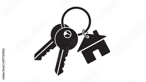 Keys with house keychain on a ring for home access and property ownership symbolized with black icons