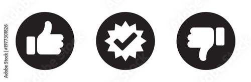 Set of black and white icons representing feedback, including a thumbs up, checkmark, and thumbs down.