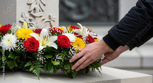Man laying flowers on monument during wreath laying at European monument  