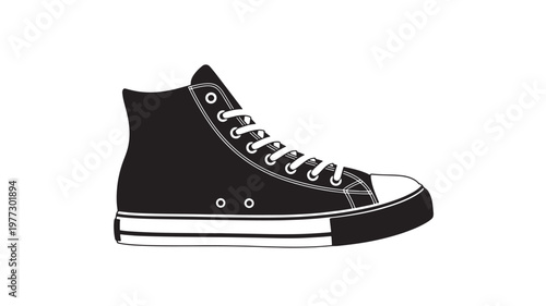 Sneaker black high-top canvas shoe with white laces and sole, isolated on white background. featuring footwear, iconic, classic with retro and casual