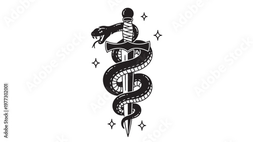 Snake coiled around a dagger with sparkling stars, a black and white illustration representing danger and mystique.