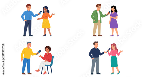 Diverse group of people interviewing each other with microphones