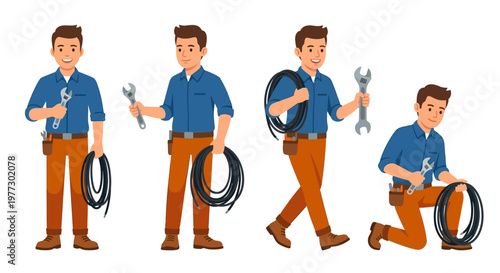 Four illustrations of a smiling electrician working with tools and cables