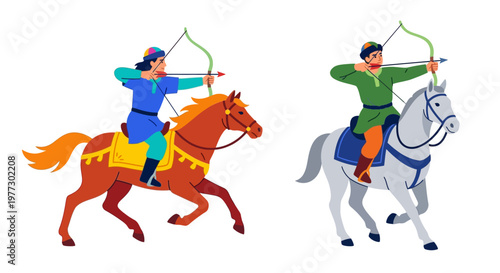 Two horseback archers aiming with bows while riding their horses