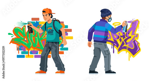 Two young men spray painting vibrant graffiti on a brick wall