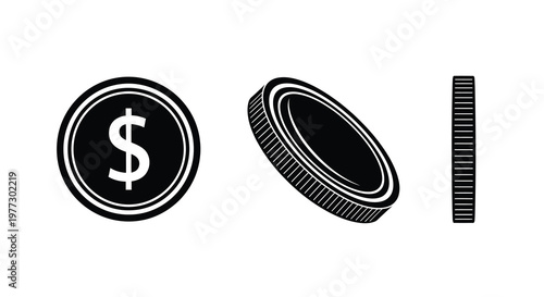 Three views of a us dollar coin in striking black silhouette