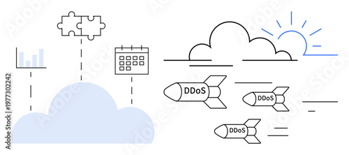 Cybersecurity, cloud storage, DDoS attacks, online protection, data management, threat monitoring. Visual elements include a cloud, rockets labeled DDoS charts and puzzle pieces. Cybersecurity