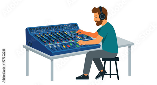 A young man operates a professional audio mixing console in a studio