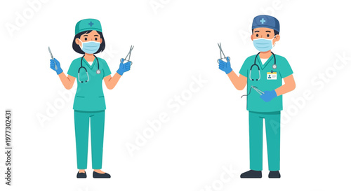 Two healthcare workers a doctor and nurse holding surgical instruments