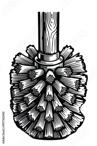 Vintage toilet brush with wooden handle and detailed bristles vector illustration.