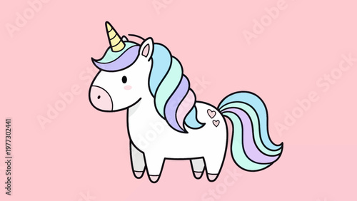 Cute cartoon unicorn with rainbow mane and tail on pink background.