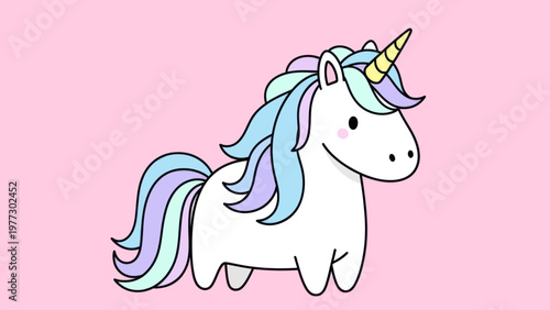 Cute cartoon unicorn with rainbow mane and tail on pink background.