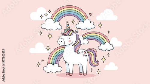 Cute Cartoon Unicorn with Rainbows and Clouds.