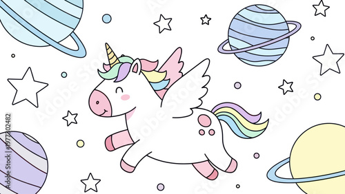 Cute cartoon winged unicorn flying in space with stars and planets.