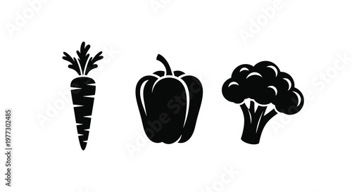 Black silhouettes of a carrot pepper and broccoli on white background