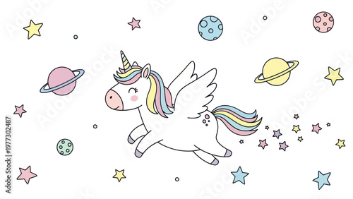 Cute Cartoon Unicorn with Wings Flying Gracefully.