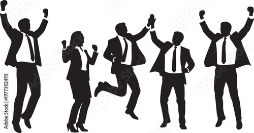 Corporate Team Success Celebration Silhouettes Vector Business People Jumping High Five Achievement Concept Illustration