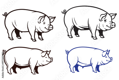 Four line art illustrations of pigs in different poses and styles