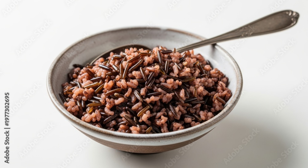 Fototapeta premium Cooked wild rice is served in a ceramic bowl with a metal spoon against a white background.