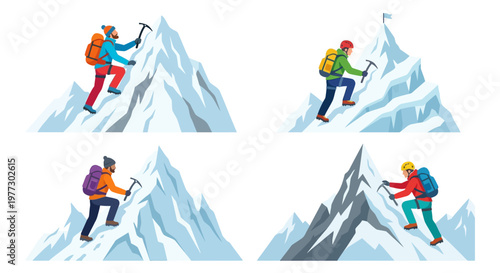 Mountaineers climbing snowy peaks with ice axes a vector illustration