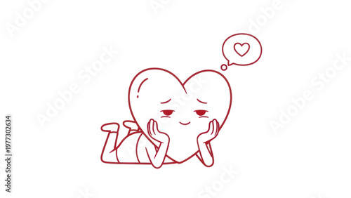 Cute heart character lying down with a dreamy expression and a thought bubble.