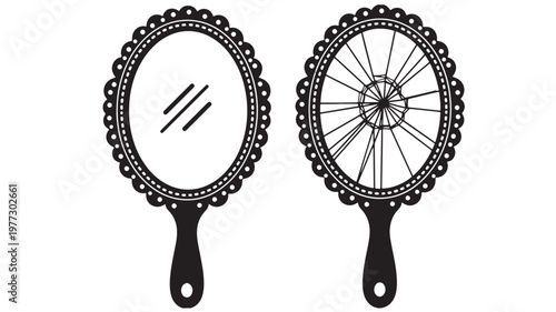 Mirrors handheld decorative, one pristine and one shattered, presented in a black and white graphic style for design elements.