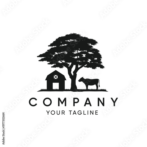 Silhouettes of large trees with thick leaves, barns and cows, suitable for logos or additional elements in designs.
