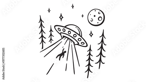 UFO abduction scene with a person being beamed up into a flying saucer amidst trees and a moonlit sky.