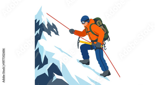 Vector illustration of a mountaineer ascending a snowy mountain peak
