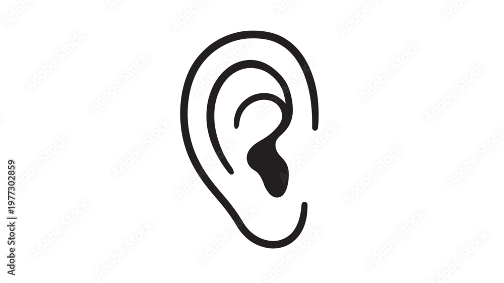 Fototapeta premium Ear black outline icon with simple curves representing the outer and inner structure of the human ear.