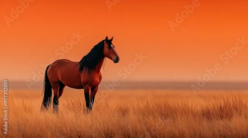 Brown horse standing in field at orange sunset landscape