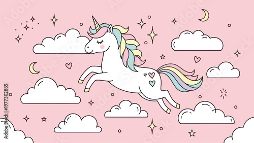 Cute Unicorn with Rainbow Mane and Tail Flying in the Sky.