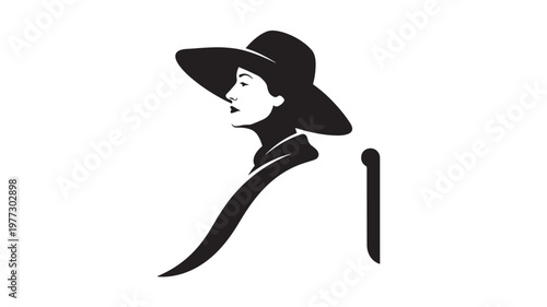 Woman in a wide-brimmed hat, profile silhouette with elegant scarf and matchstick detail in black and white.