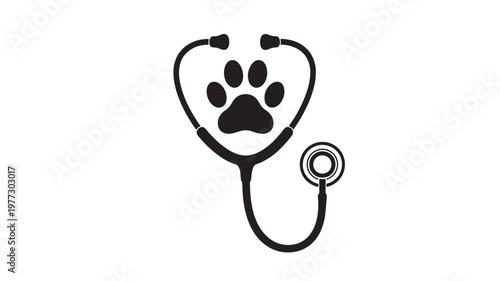 Stethoscope with a paw print in the center symbolizing veterinary care and animal health. featuring medical symbol, clinic, hospital with doctor and