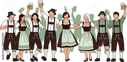 A Group of People in Traditional German Lederhosen and Dirndl Outfits Holding Up Beer Mugs and Celebrating