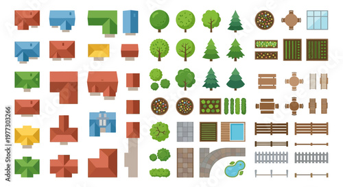 Colorful top down view of buildings trees and landscape elements