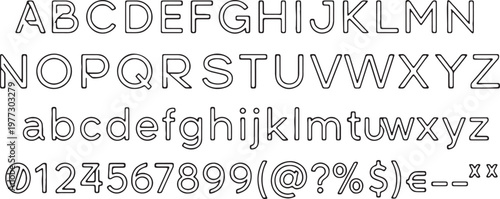 A display of uppercase, lowercase letters, numbers, and special characters in a uniform font style
