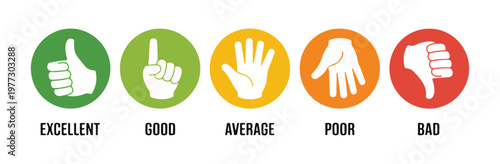 Customer satisfaction feedback icons excellent good average poor bad with thumbs up down and hand gestures for rating services.