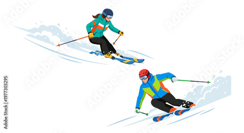 Two skiers descend a snowy mountain slope with speed and precision